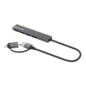 MANHATTAN 4-Port USB 3.0 Typ-C/-A Hub USB-C und USB-A-Stecker auf 4x USB-A-Buchsen 5 Gbit/s USB 3.2 Gen 1 Strom über USB Space Grau